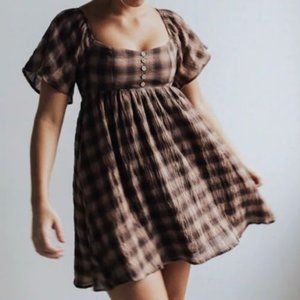 By Together - Brown Plaid Flutter Sleeve Prairie Mini Dress L